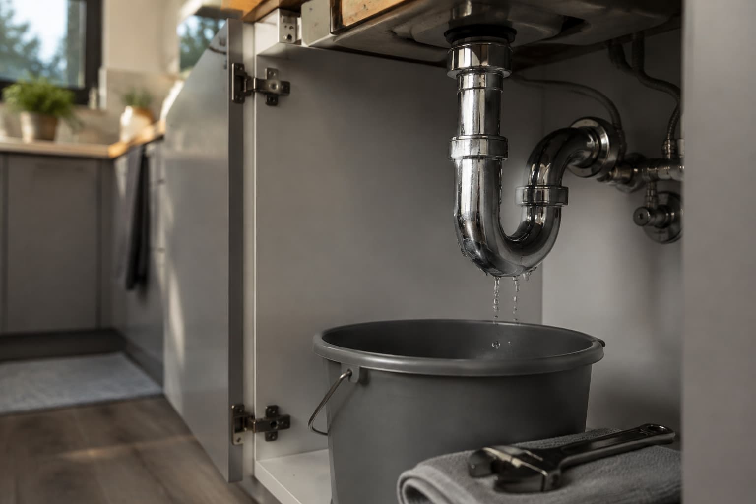 Goutte d'eau se détachant du nez d'un robinet chromé mal refermé, cour pavée hors de mise au point en fond de lumière rasante